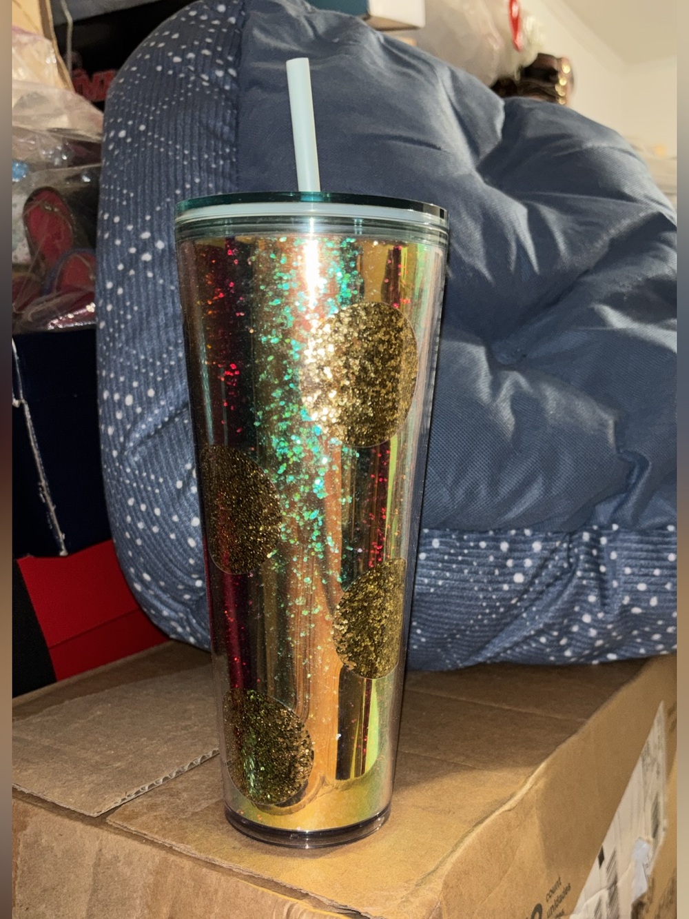 Starbucks Gold Glitter Polka Dot Tumbler with Light Blue Straw